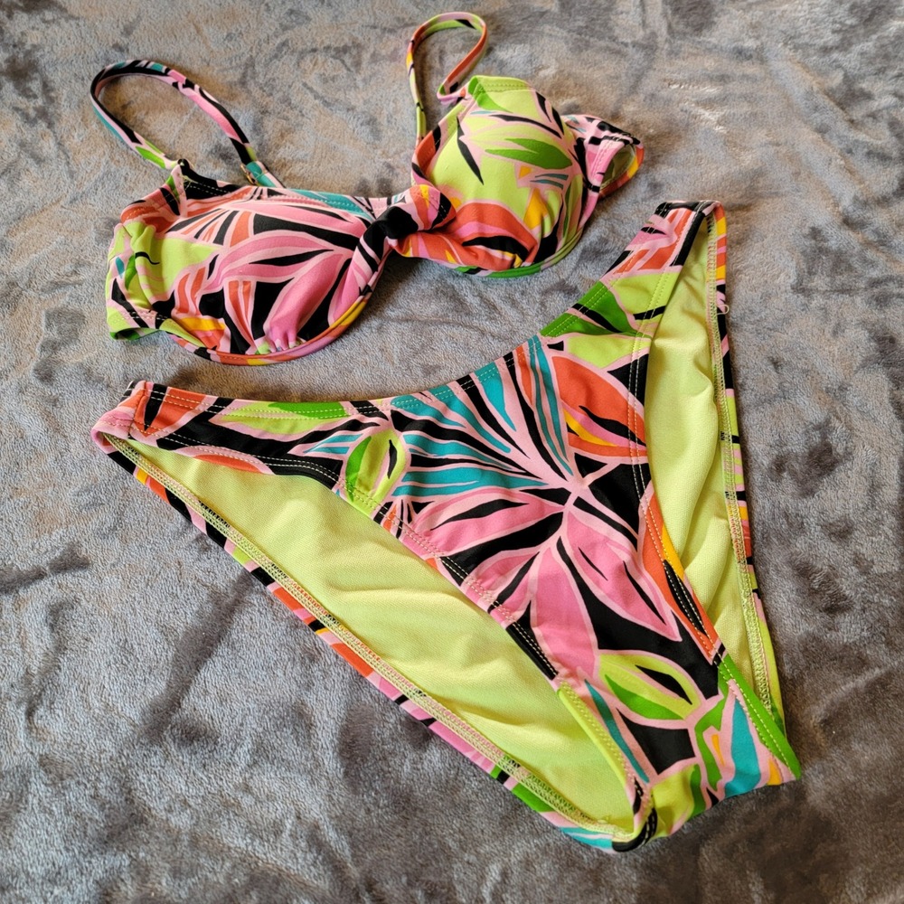 Wild Fable Bikini Set Women XS Pink Green Good Tropical Leaf Underwire 2pc 901